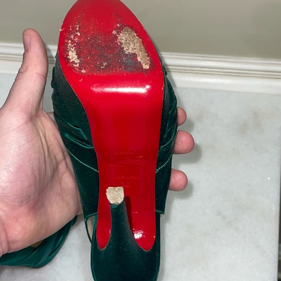 Satin Green Christian Louboutin Open Toe Knotted Platform Heels - Picture 6 of 7